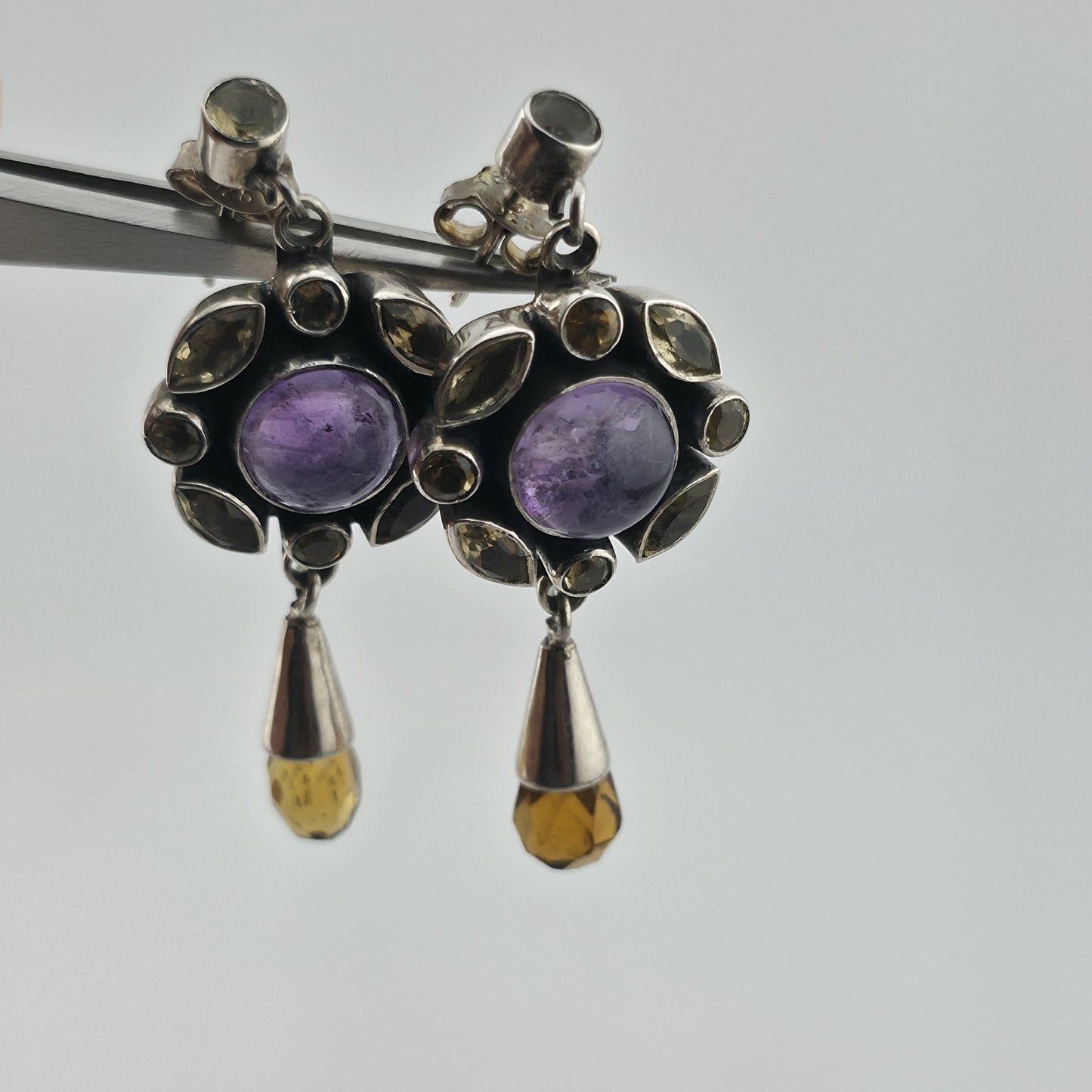 Vintage 925 Sterling Silver Amethyst Citrine Dangle Earrings Gemstone Drop Boho