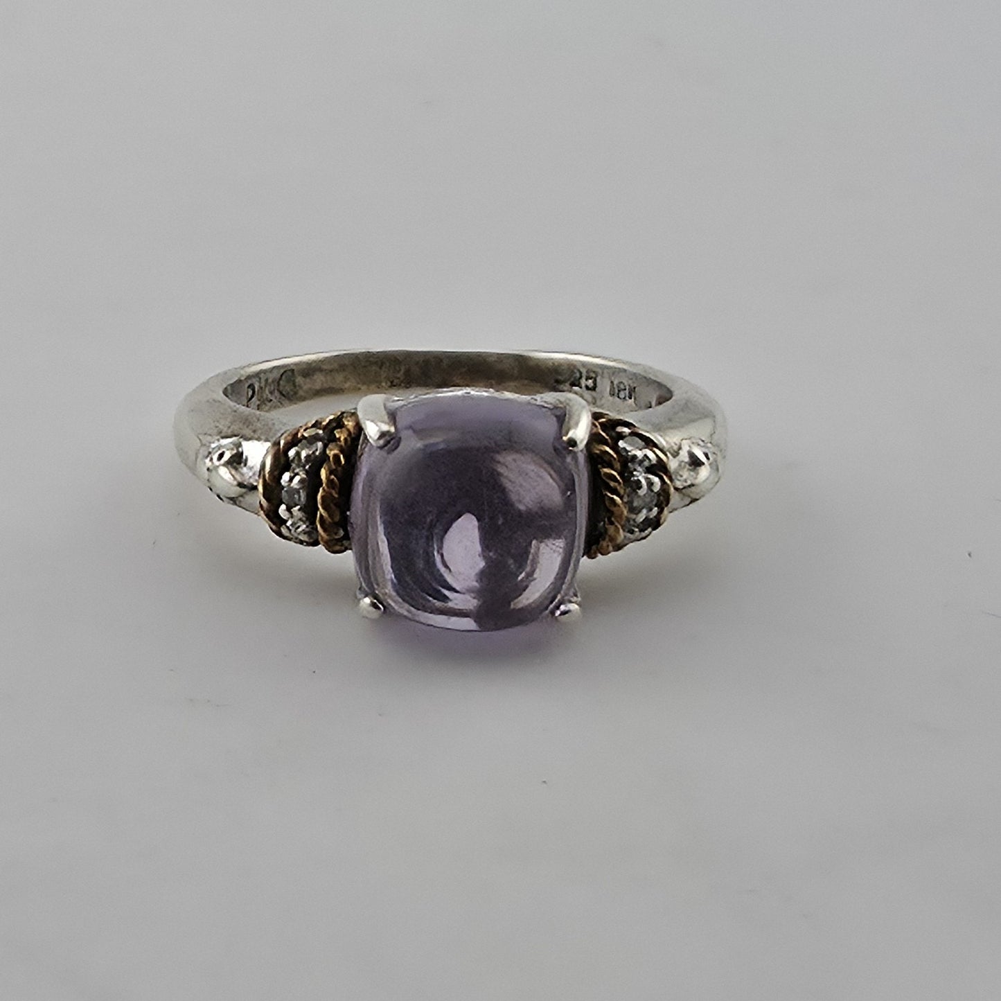 Sterling Silver & 18K Amethyst Cabochon Ring Designer Signed P G Size 5.75