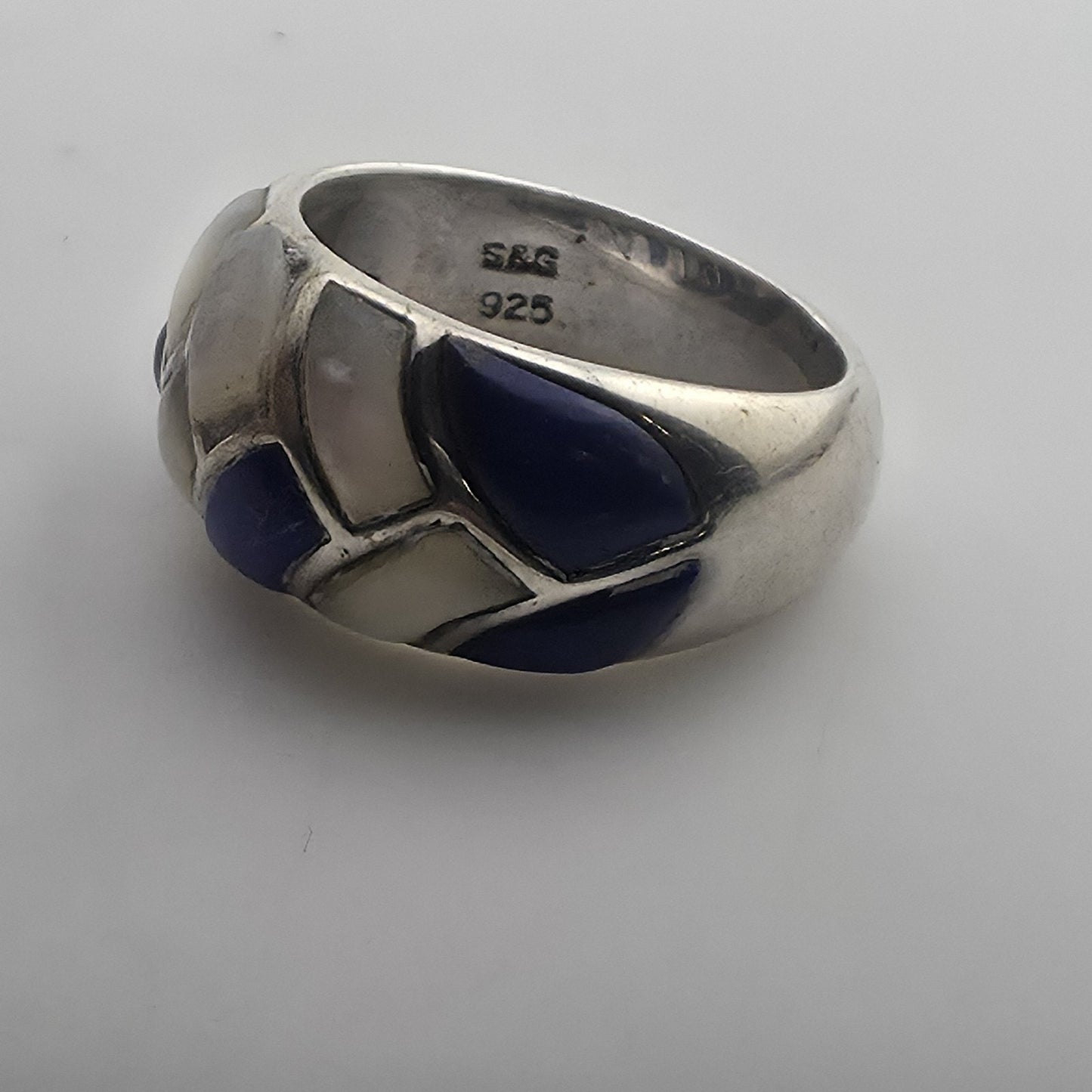 Vintage Sterling Silver Blue White Inlay Ring Size 6 Thailand 925 Mosaic Dome