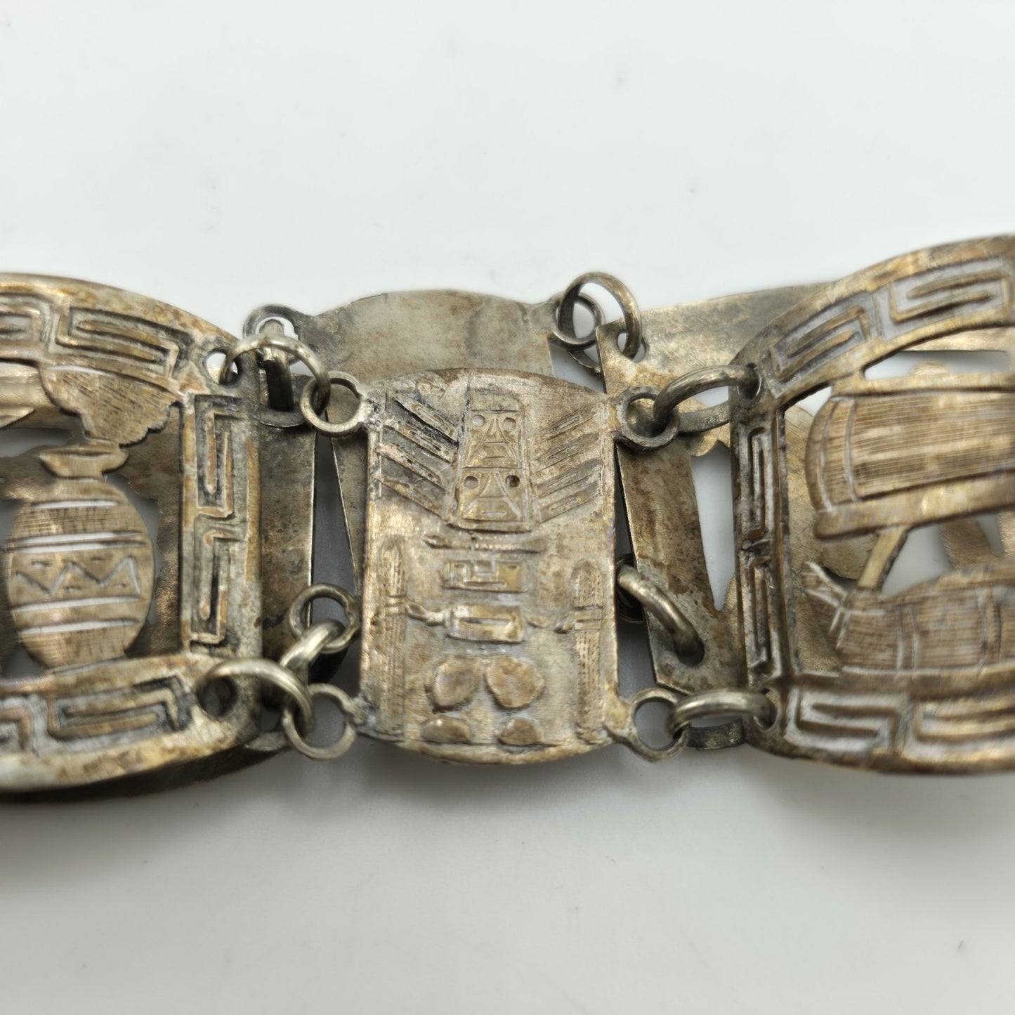 Vintage Sterling Peruvian Story Panel Link Bracelet Cultural Motif Design 15.5g