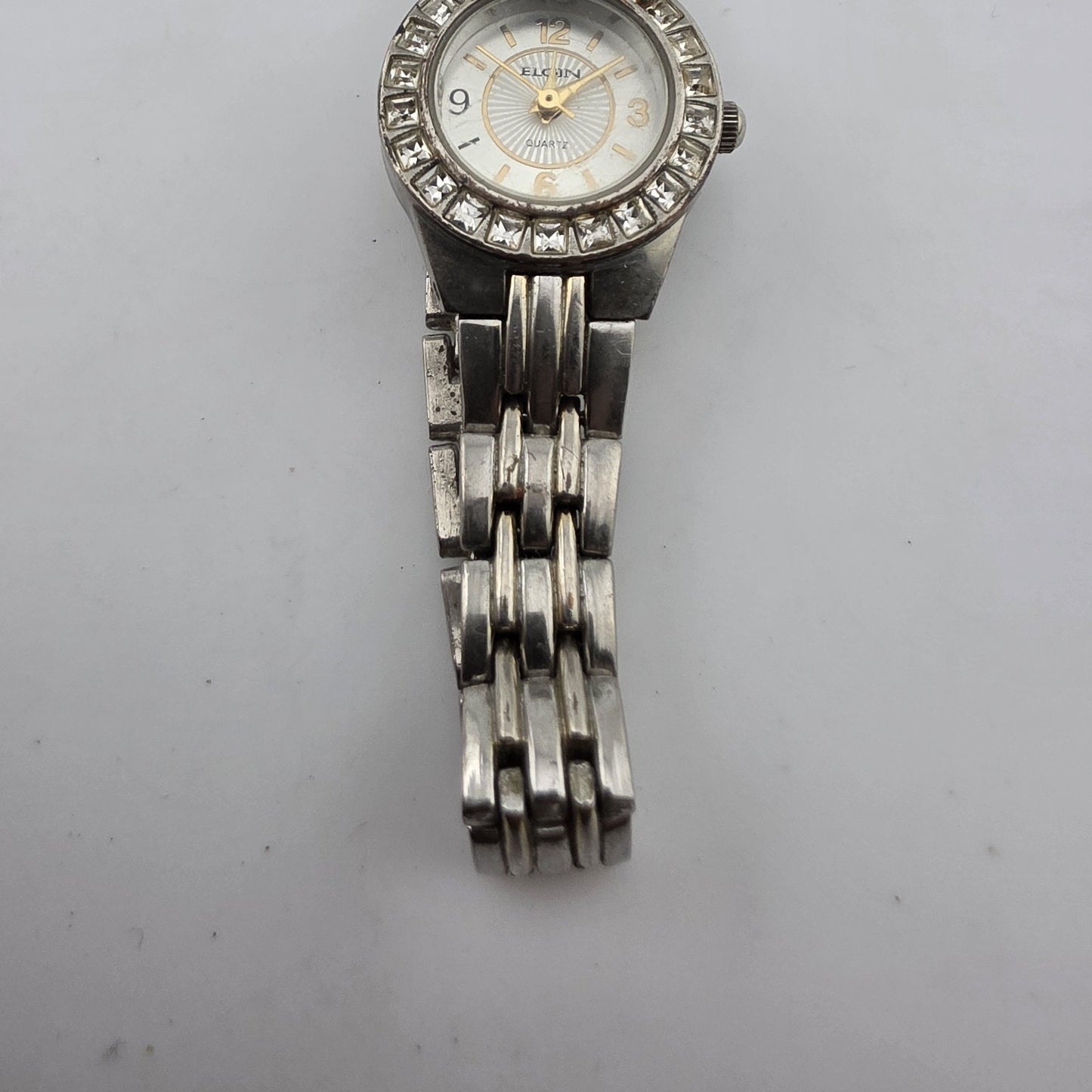 Vintage Elgin Ladies Quartz Watch Crystal Bezel Two Tone Bracelet Runs Read