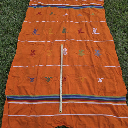 Vintage Mexican Handwoven Orange Blanket Bird Embroidery Serape Textile Throw