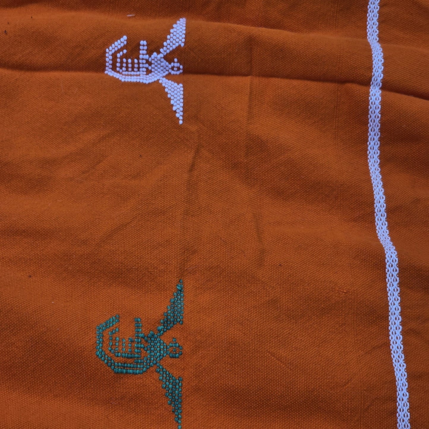 Vintage Mexican Handwoven Orange Blanket Bird Embroidery Serape Textile Throw