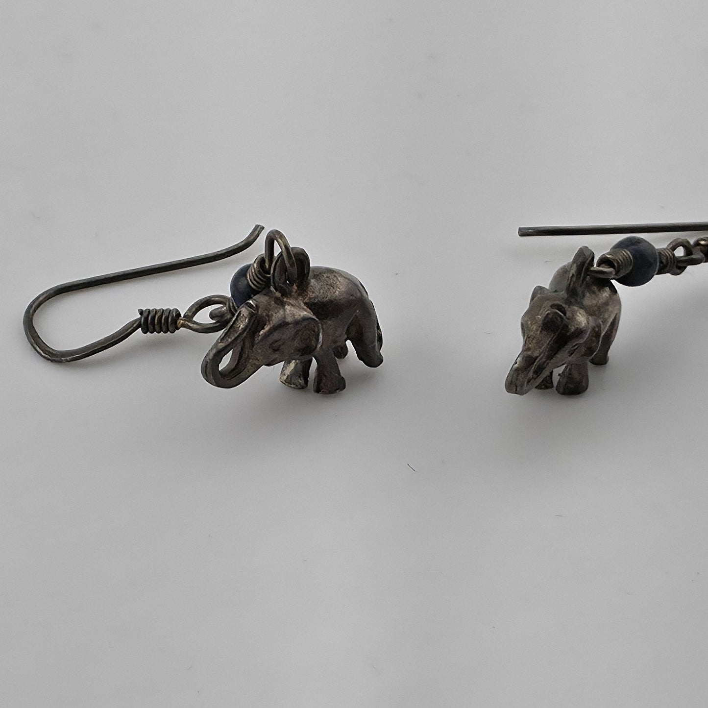 Vintage Elephant Dangle Earrings Blue Bead Silver Tone Boho Tribal Jewelry
