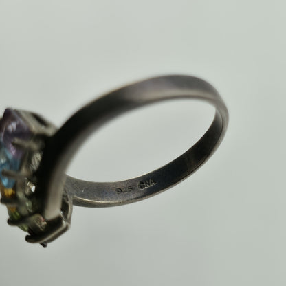 Sterling Silver Rainbow Multi-Gem Baguette Ring, Size 8 925 GNA Jewelry