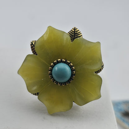Sterling Silver Bronze Flower Ring Size 7 Yellow Floral Turquoise Cabochon 925
