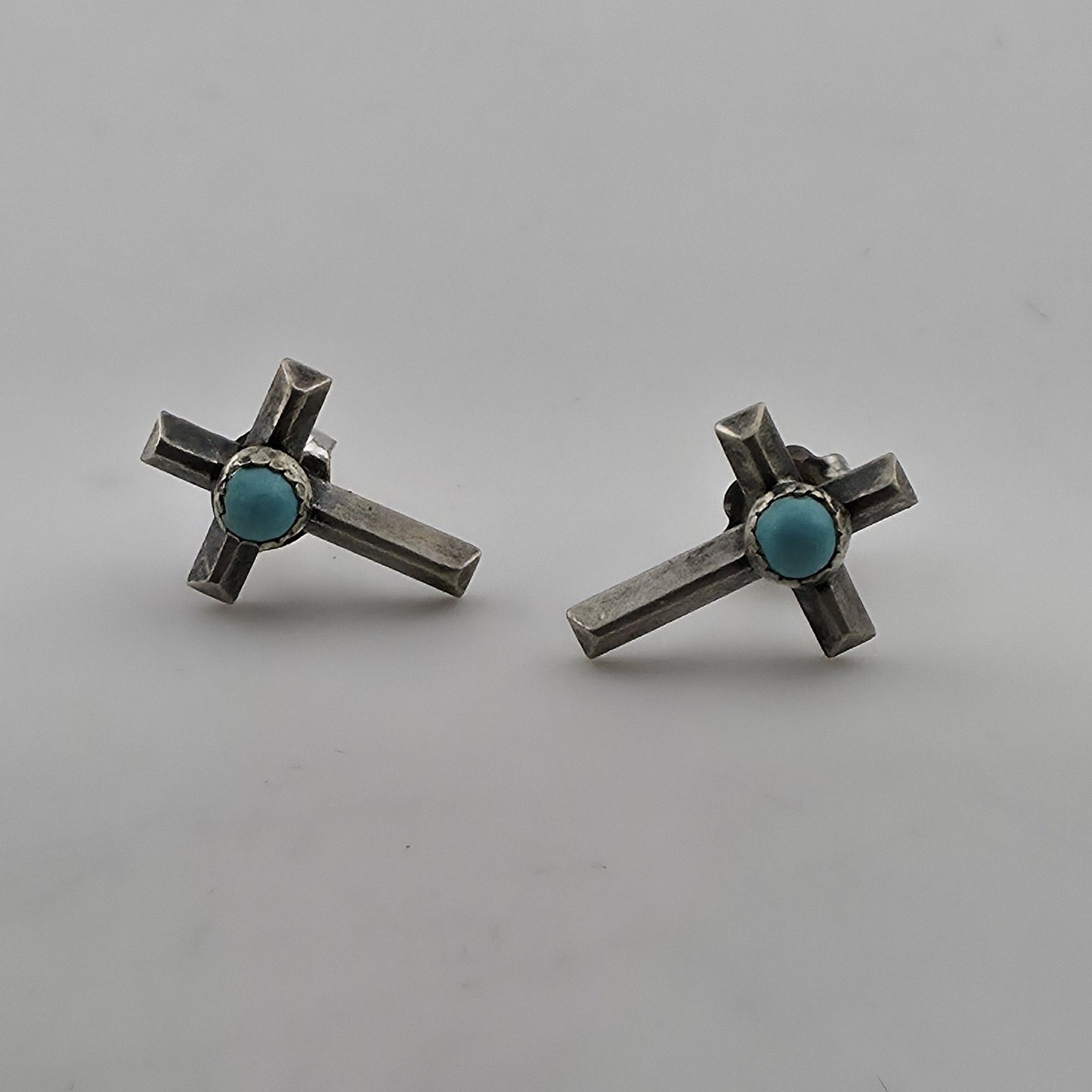 Vintage 925 Sterling Silver Turquoise Cross Stud Earrings Southwestern Faith