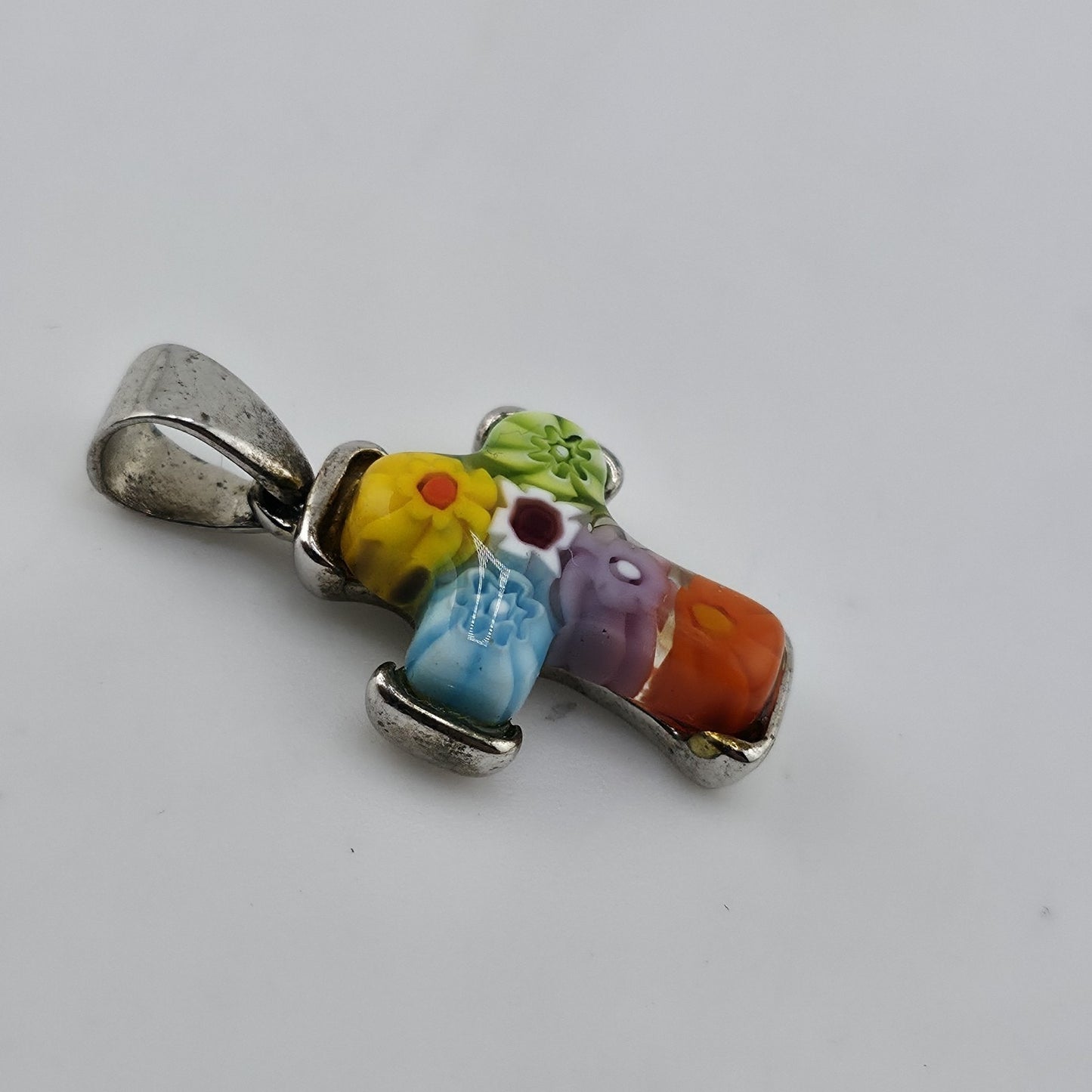 Allan K Sterling Silver Murano Millefiori Glass Cross Pendant Floral Mosaic