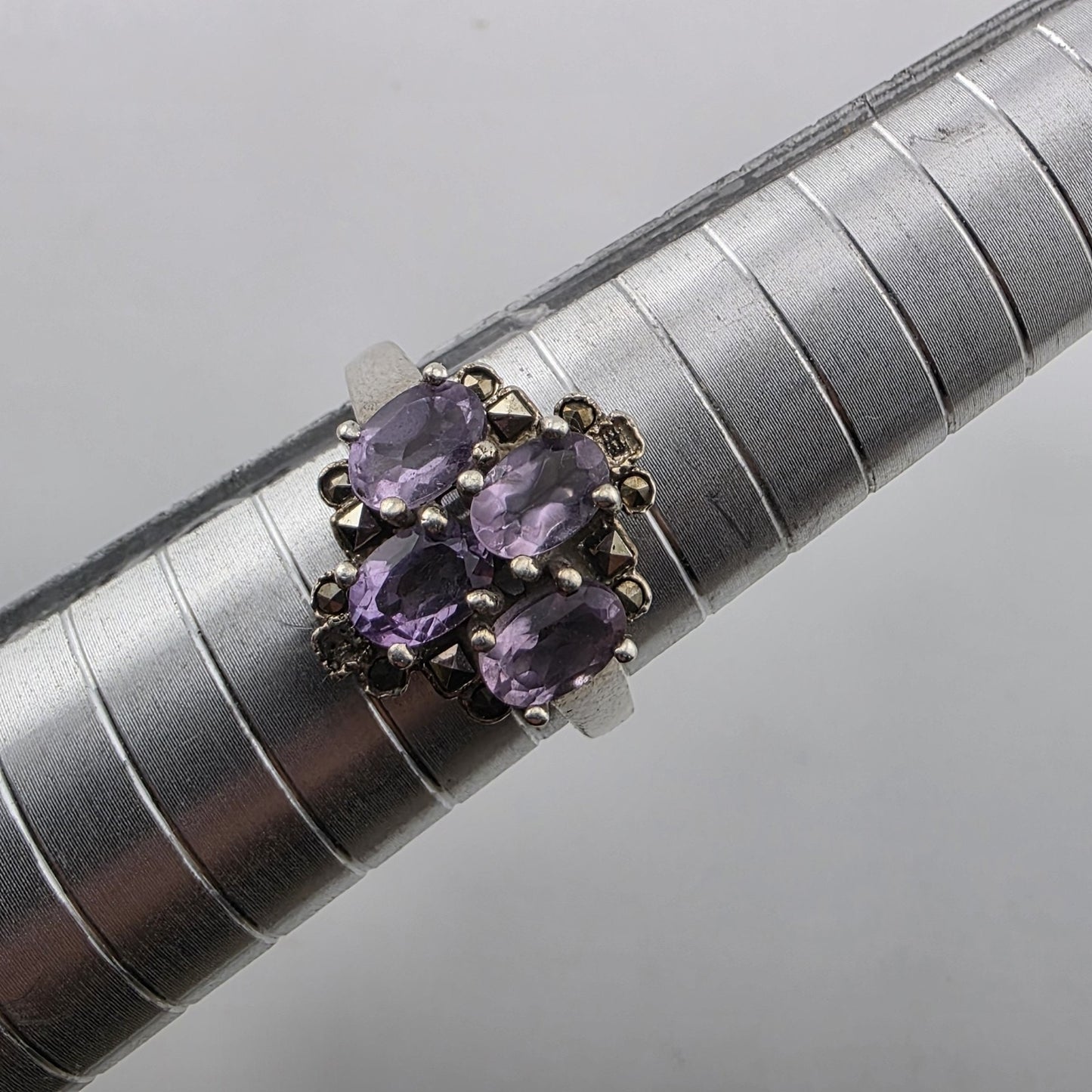 Sterling Silver Ring 925 Natural Purple Amethyst Cluster Ovals Statment 8.25
