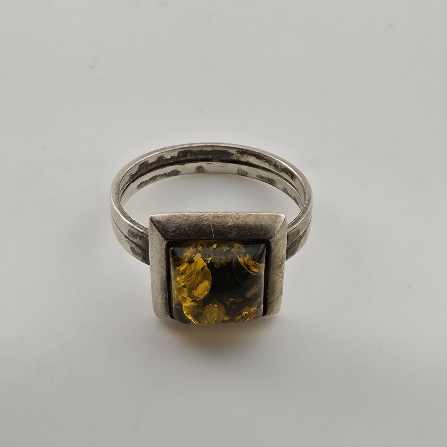 Vintage Sterling Silver Baltic Amber Ring Size 7 Geometric Modernist Statement