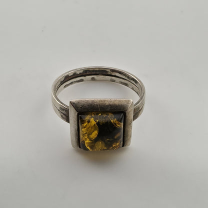 Vintage Sterling Silver Baltic Amber Ring Size 7 Geometric Modernist Statement
