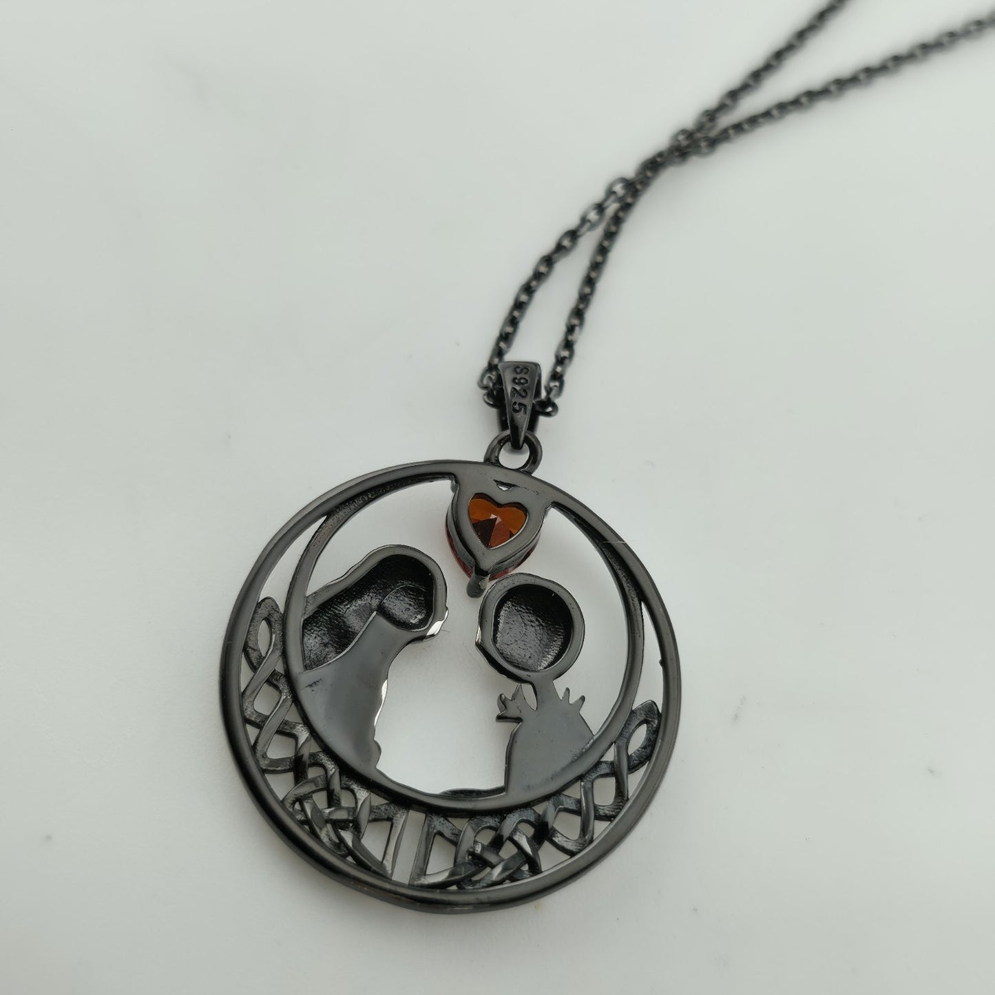 Nightmare Before Christmas Jack & Sally Heart Pendant Necklace 925 16” Gothic