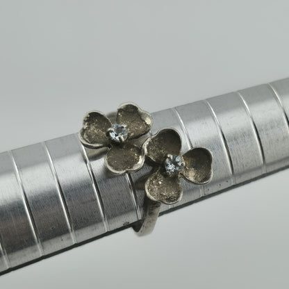 Sterling Silver Flower Ring Clear Stone Double Blossom 5.5 Vintage Patina 925