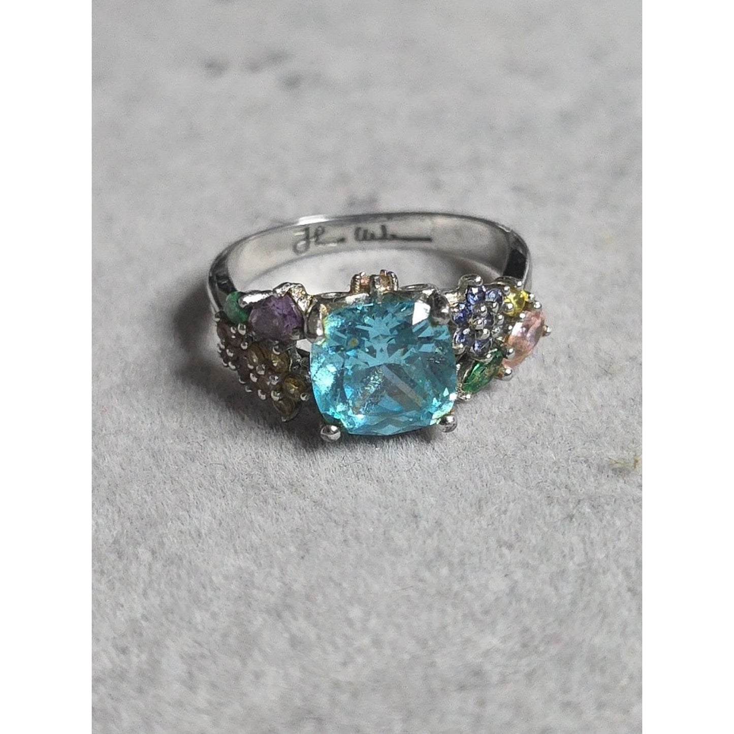 Thomas Kinkade BGE 925 Sterling Silver Multi Gem Floral Ring Blue Stone Size 9