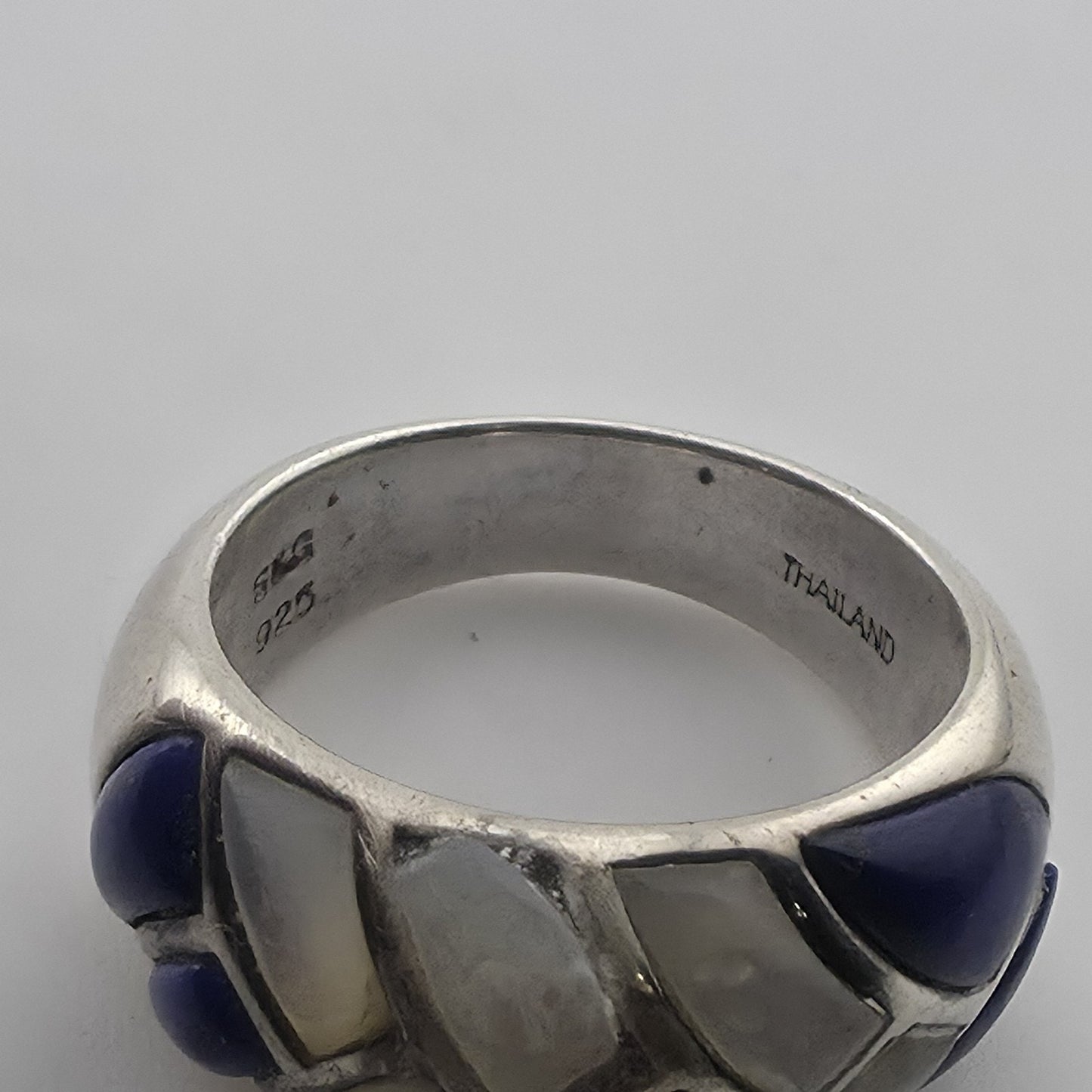 Vintage Sterling Silver Blue White Inlay Ring Size 6 Thailand 925 Mosaic Dome