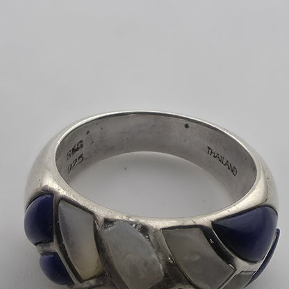 Vintage Sterling Silver Blue White Inlay Ring Size 6 Thailand 925 Mosaic Dome