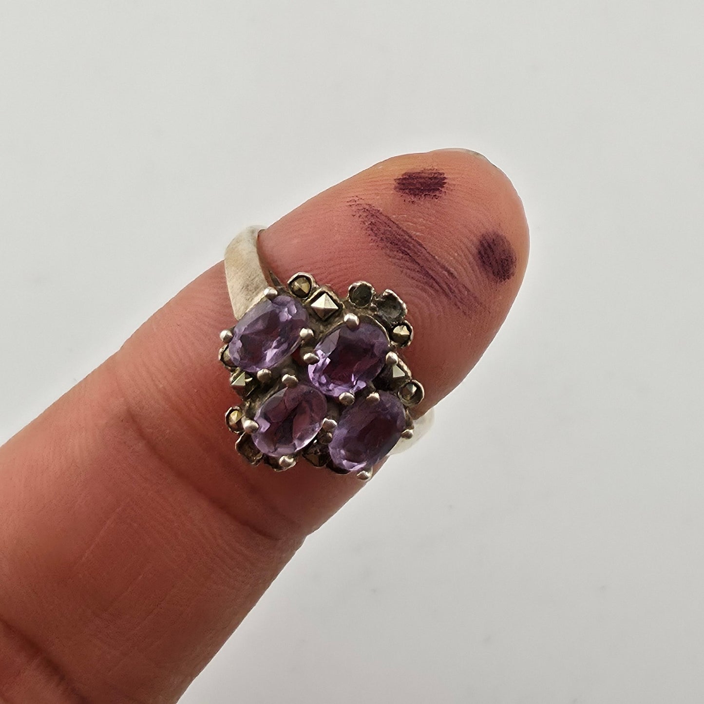 Sterling Silver Ring 925 Natural Purple Amethyst Cluster Ovals Statment 8.25