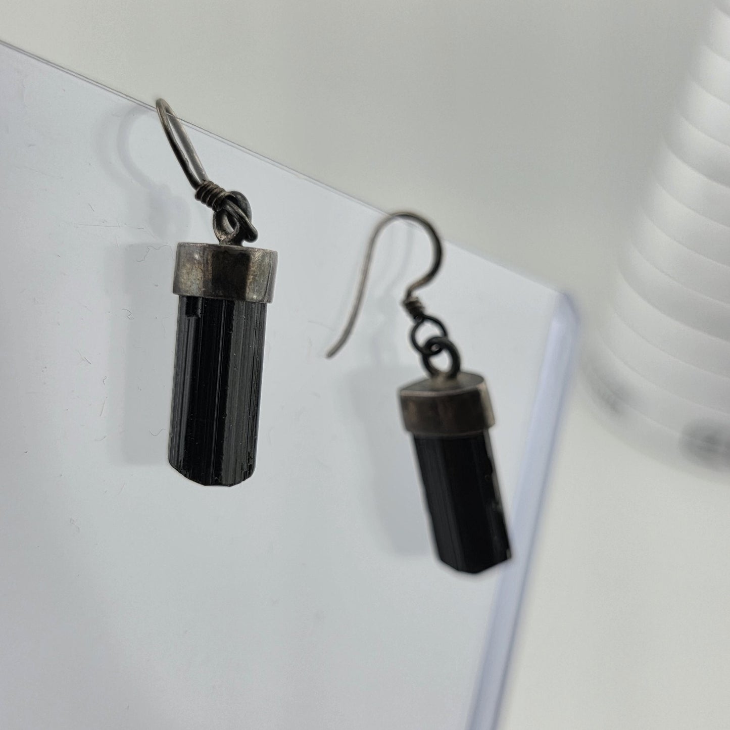 Vintage Sterling Silver Black Tourmaline Drop Earrings Raw Crystal Dangle