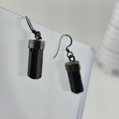 Vintage Sterling Silver Black Tourmaline Drop Earrings Raw Crystal Dangle
