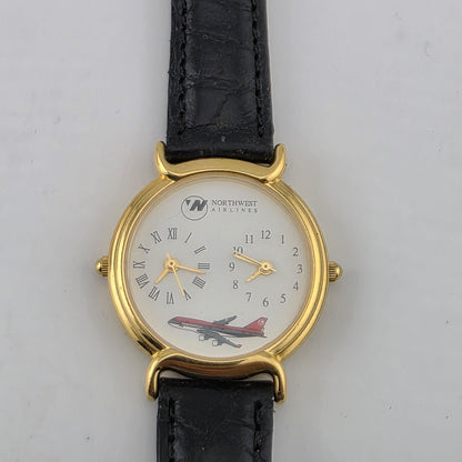 Vintage Northwest Airlines Dual Time Zone Watch Working Gold Tone Black Strap
