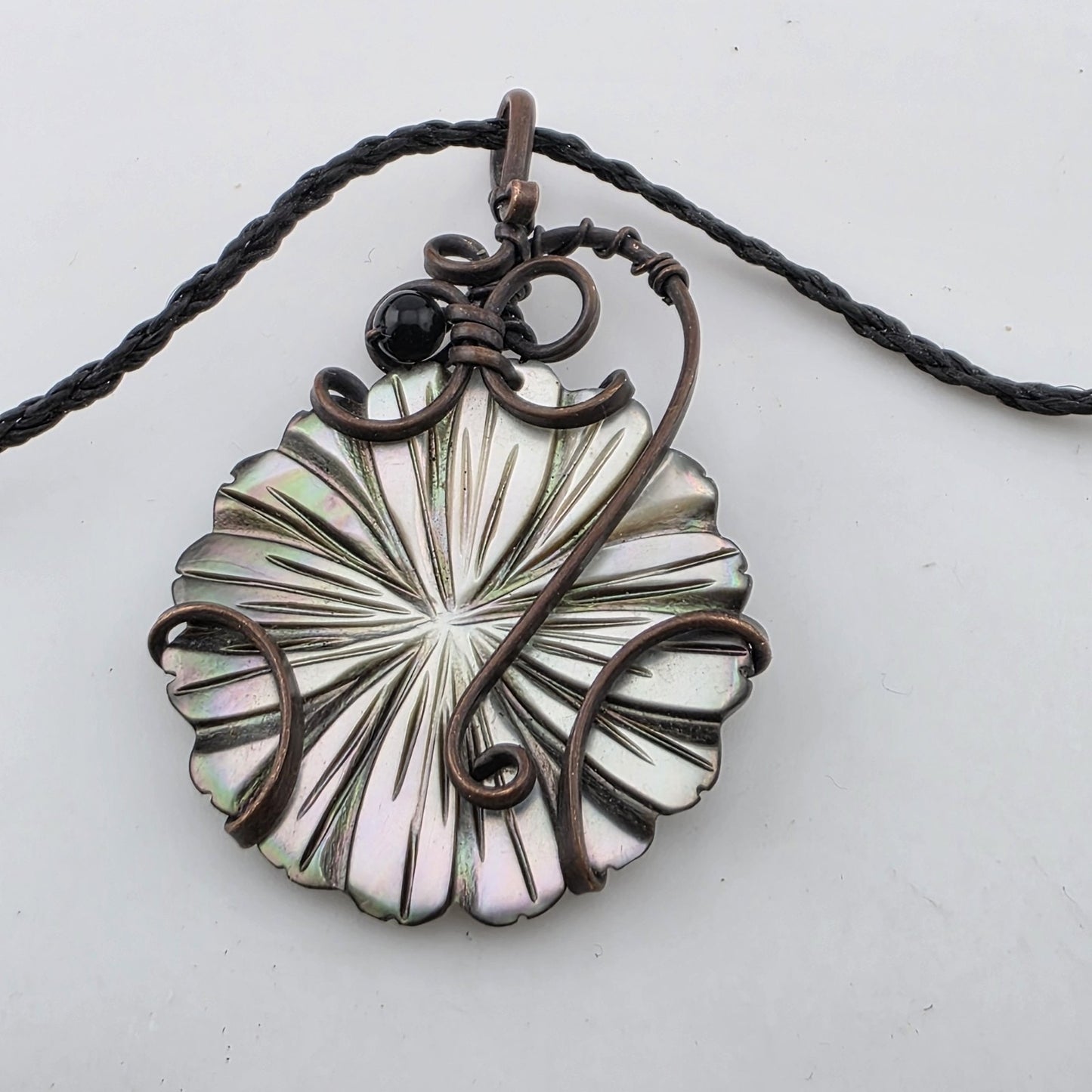 Abalone Shell Pendant Copper Wire Wrapped Artisan Boho Necklace 1.4"