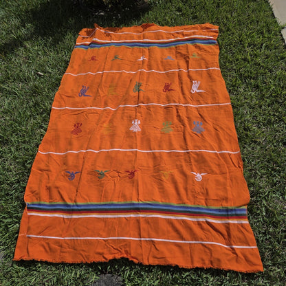 Vintage Mexican Handwoven Orange Blanket Bird Embroidery Serape Textile Throw