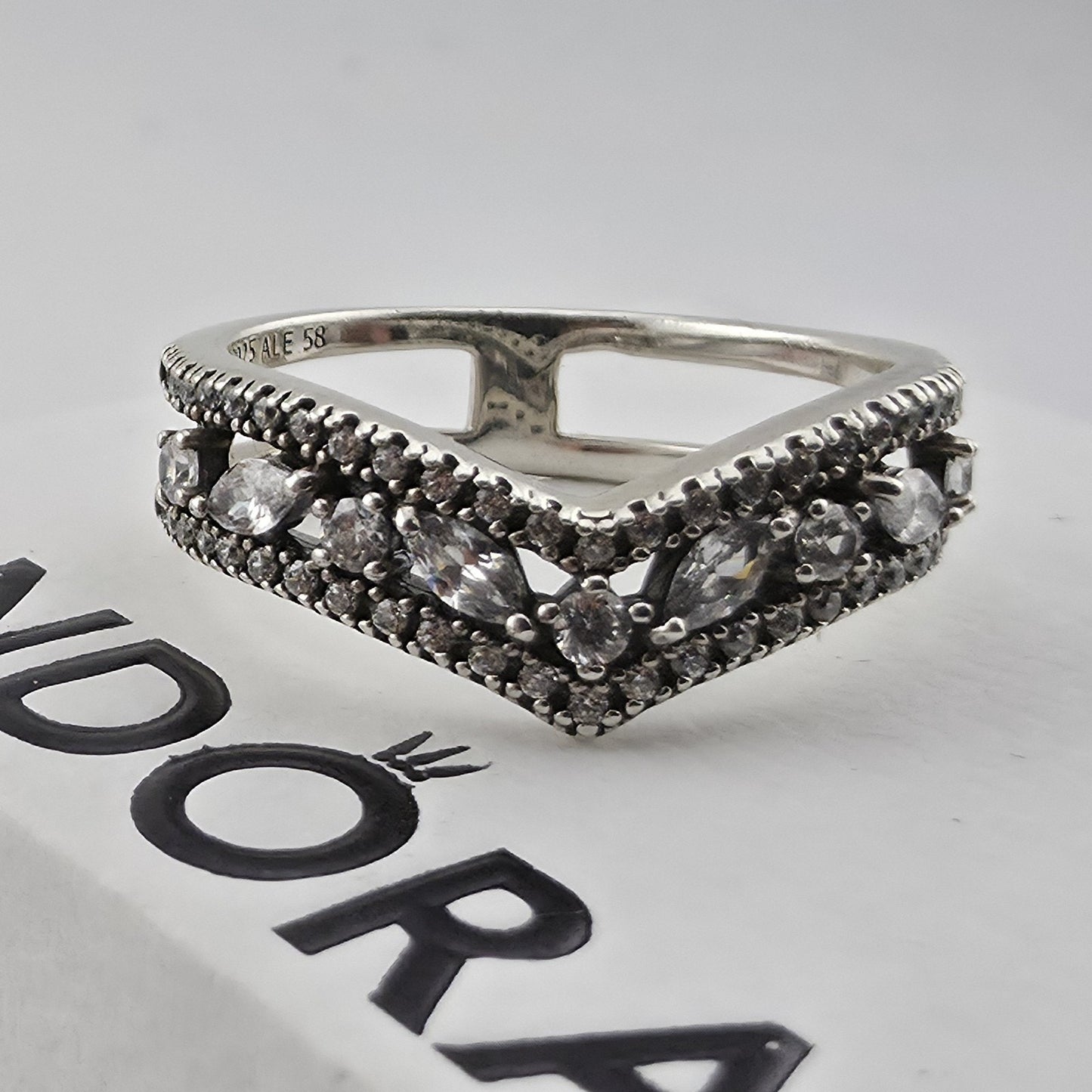 Pandora Sparkling Marquise Double Wishbone Ring Sterling Silver Size 8.5 Retired