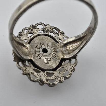 Vintage Mid Century Sterling Silver Black Onyx Ring Size 6.5 Filigree Statement
