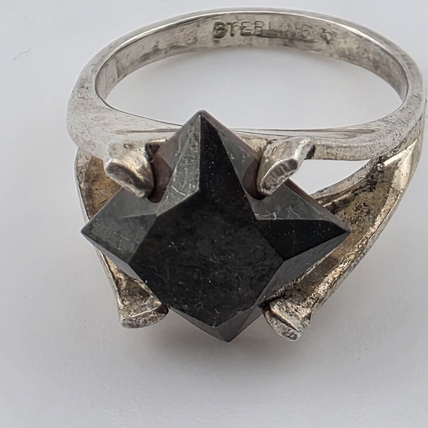 Vintage Sterling Silver Garnet Ring Size 3.5 Mid Century Modernist Geometric