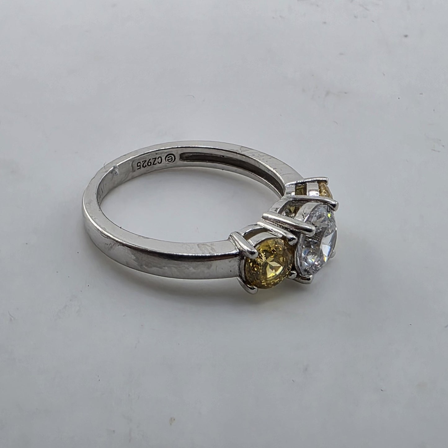 925 Sterling Silver CZ Three Stone Ring Size 8.75 Clear Yellow Stones