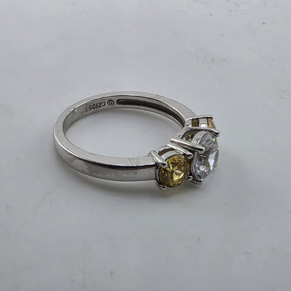925 Sterling Silver CZ Three Stone Ring Size 8.75 Clear Yellow Stones