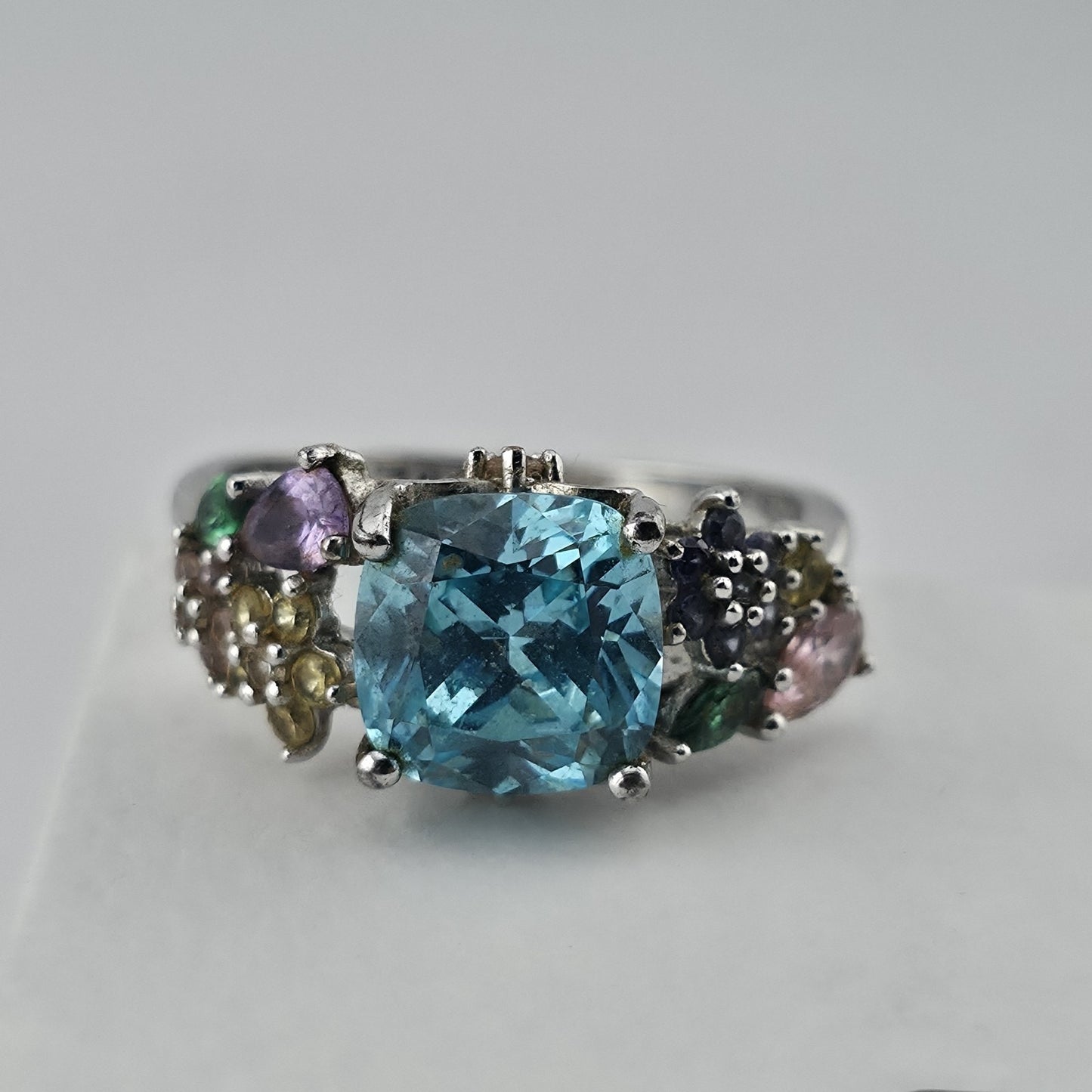 Thomas Kinkade BGE 925 Sterling Silver Multi Gem Floral Ring Blue Stone Size 9