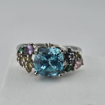 Thomas Kinkade BGE 925 Sterling Silver Multi Gem Floral Ring Blue Stone Size 9