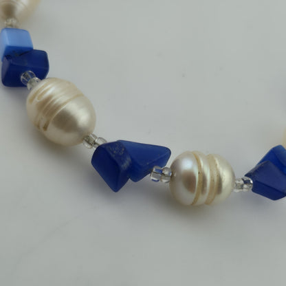 Choker Necklace Natural Pearls Blue Glass / Stone Beads 10in