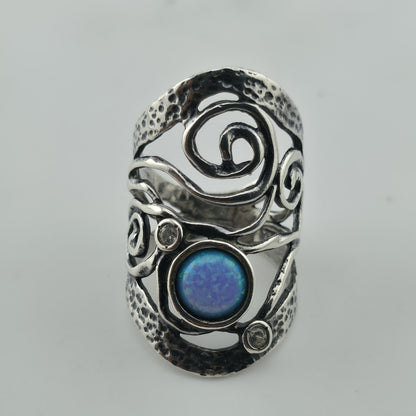 Israel 925 Sterling Silver Ring Size 8 Blue Opal Wide Band Abstract