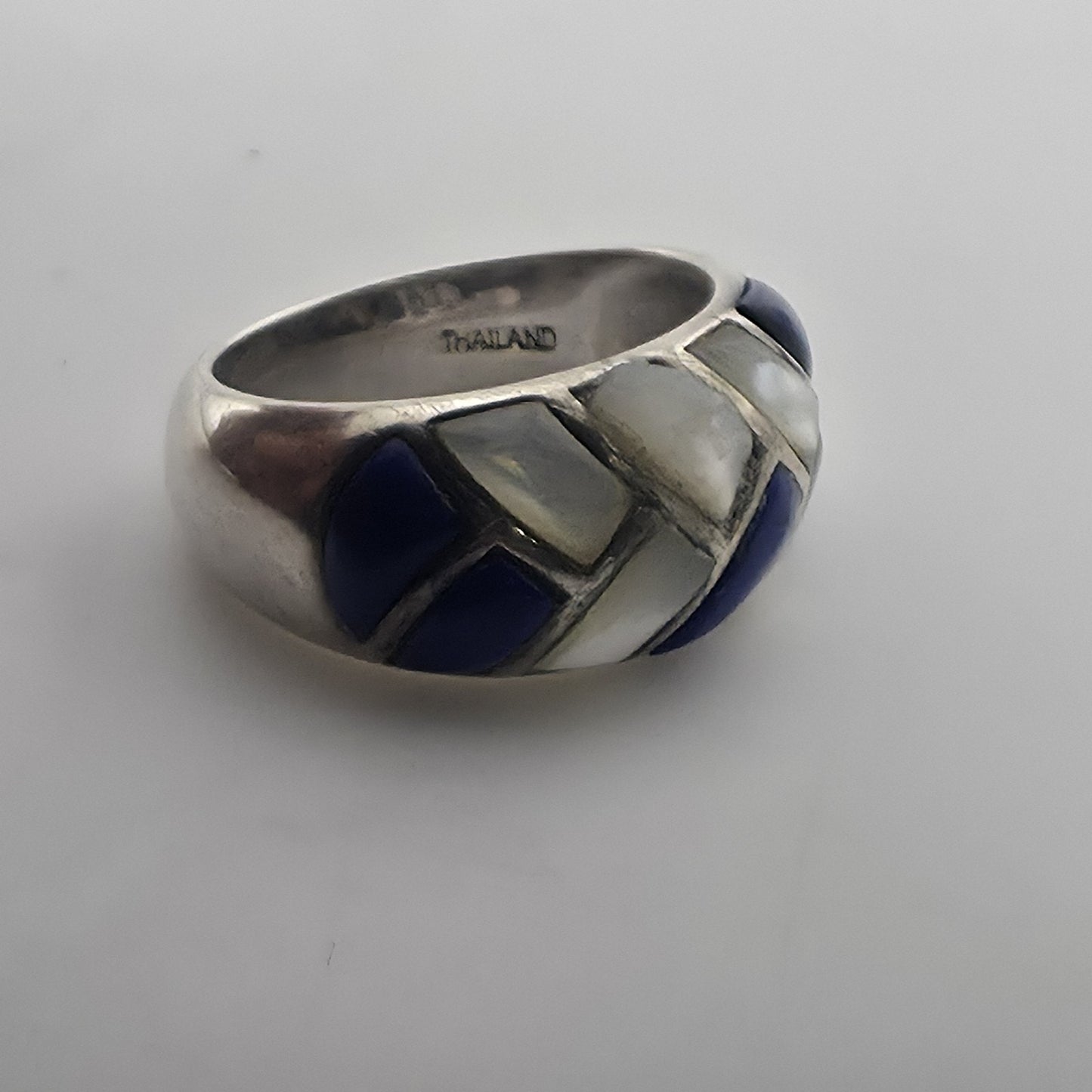 Vintage Sterling Silver Blue White Inlay Ring Size 6 Thailand 925 Mosaic Dome