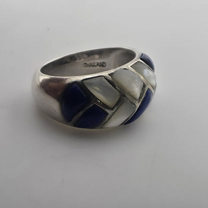 Vintage Sterling Silver Blue White Inlay Ring Size 6 Thailand 925 Mosaic Dome