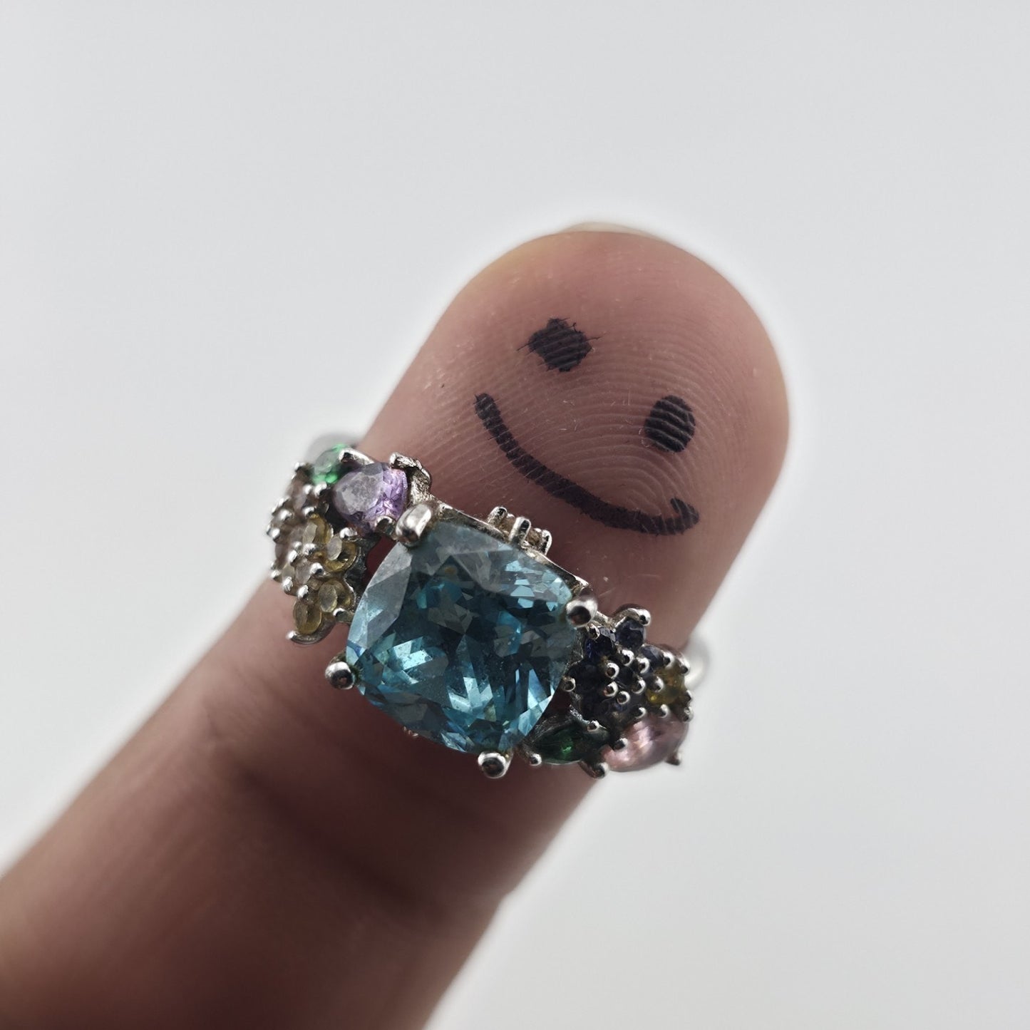 Thomas Kinkade BGE 925 Sterling Silver Multi Gem Floral Ring Blue Stone Size 9