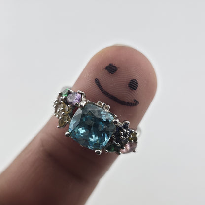 Thomas Kinkade BGE 925 Sterling Silver Multi Gem Floral Ring Blue Stone Size 9