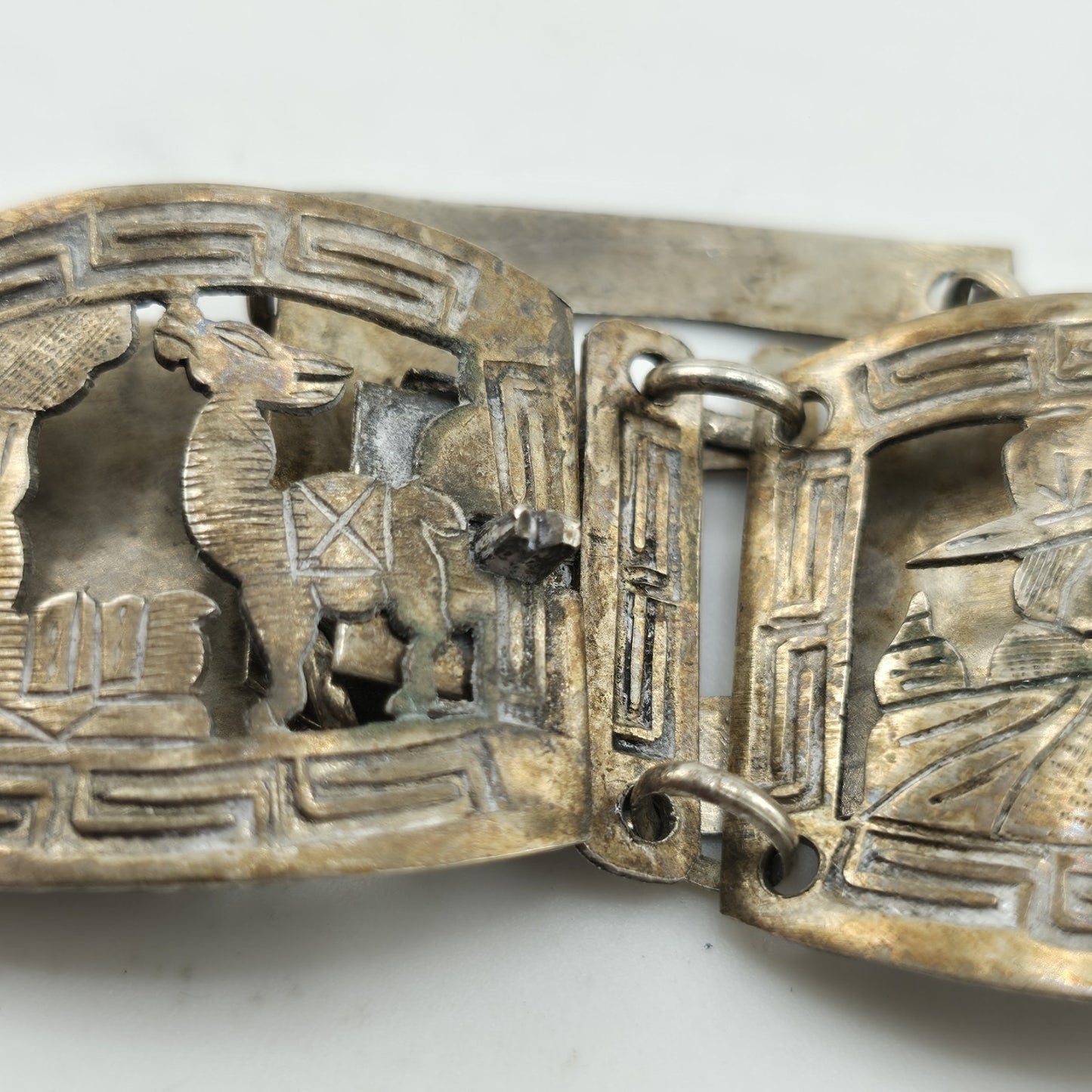 Vintage Sterling Peruvian Story Panel Link Bracelet Cultural Motif Design 15.5g