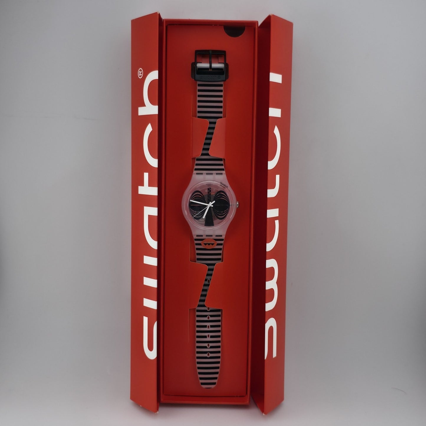NEW Swatch MASKARA Skeleton Clear Dial Silicone Stripes Watch SUOW122