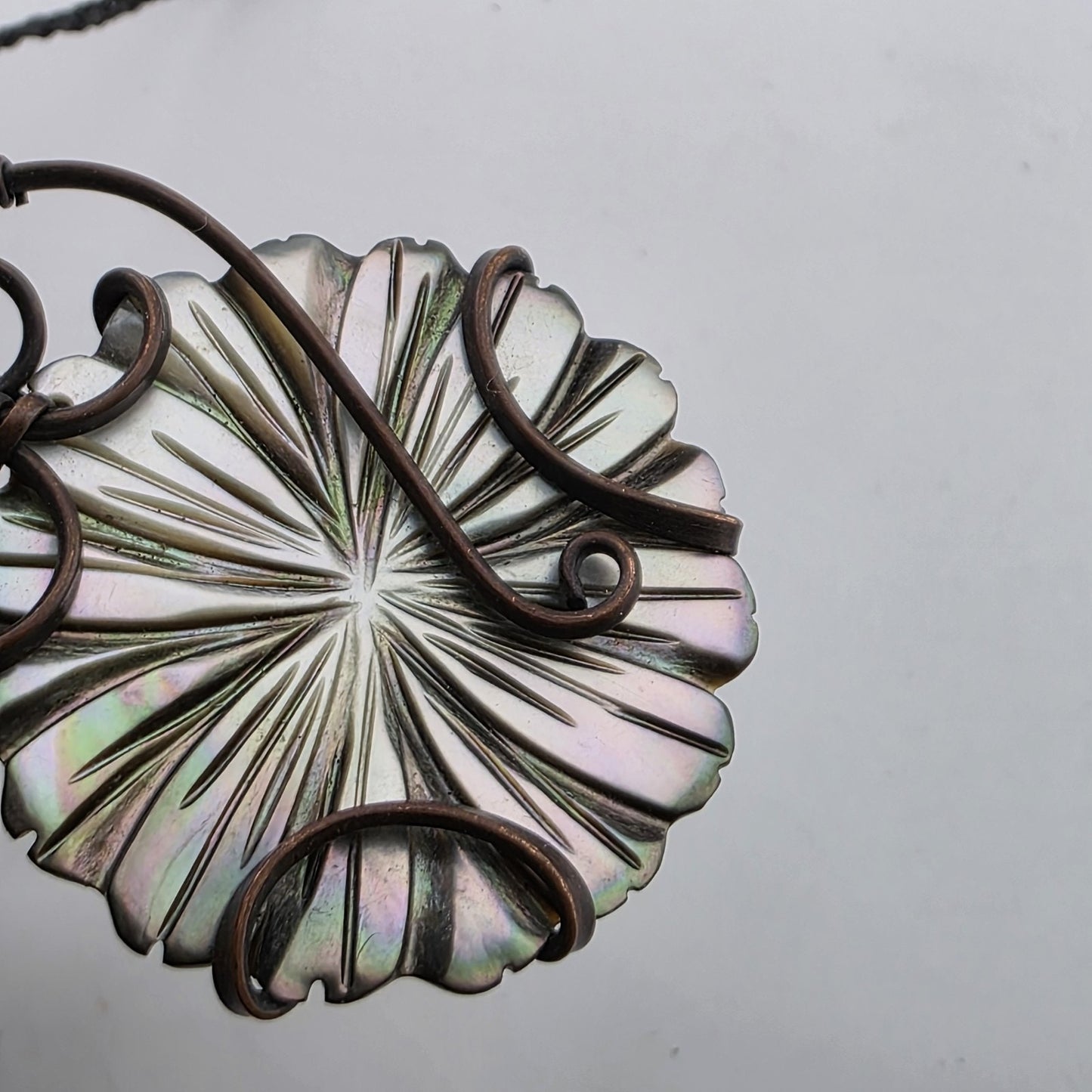 Abalone Shell Pendant Copper Wire Wrapped Artisan Boho Necklace 1.4"
