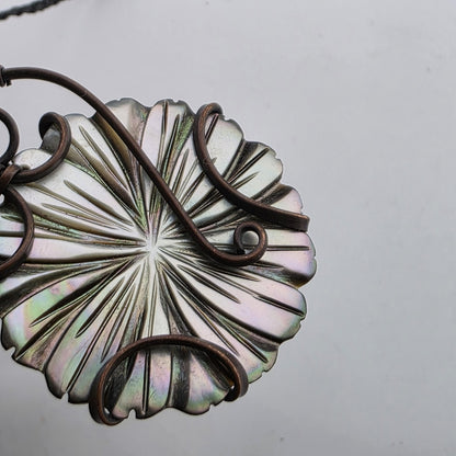 Abalone Shell Pendant Copper Wire Wrapped Artisan Boho Necklace 1.4"
