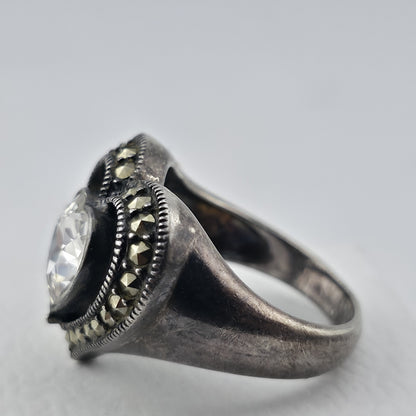 Sterling Silver 925 Heart Ring Clear CZ Marcasite Open Heart Size 7 Patina