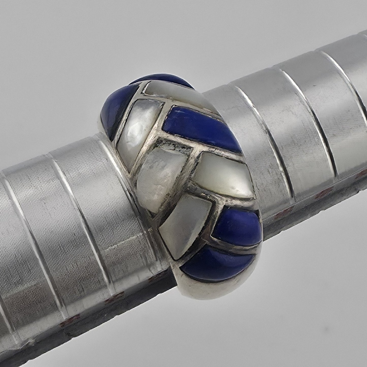 Vintage Sterling Silver Blue White Inlay Ring Size 6 Thailand 925 Mosaic Dome