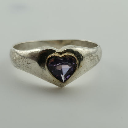 Sterling Silver Heart Ring Purple Stone Size 7 Vintage 925 Band Romantic