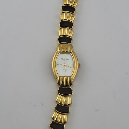 Main Line Time Quartz Watch Gold Tone Black Bracelet Tested Working 7"