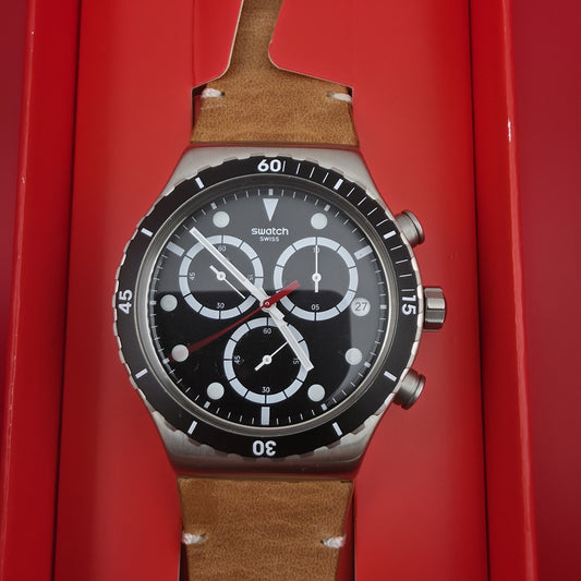 Swatch Irony Disorderly YVS424 Chronograph Watch Brown Leather Strap Box New