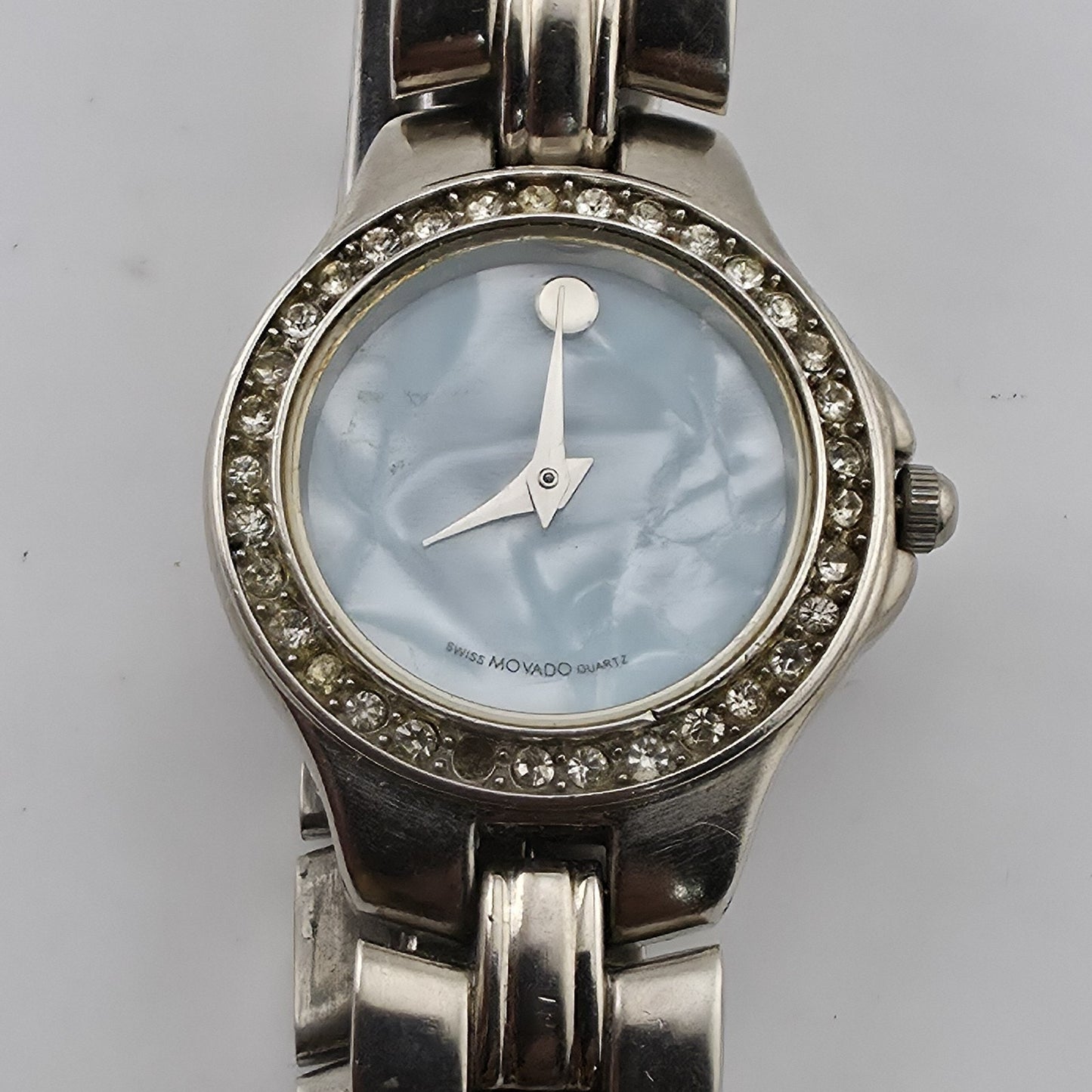 Movado Women’s Swiss Quartz Watch Blue MOP Dial Rhinestone Bezel New Battery