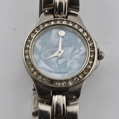 Movado Women’s Swiss Quartz Watch Blue MOP Dial Rhinestone Bezel New Battery